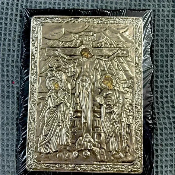 Handmade Greek Christian Orthodox Wood-Metallic icon Crucifixion of Jesus Christ - Picture 2 of 3